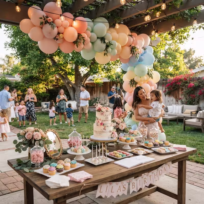 Completed birthday party dessert table setup